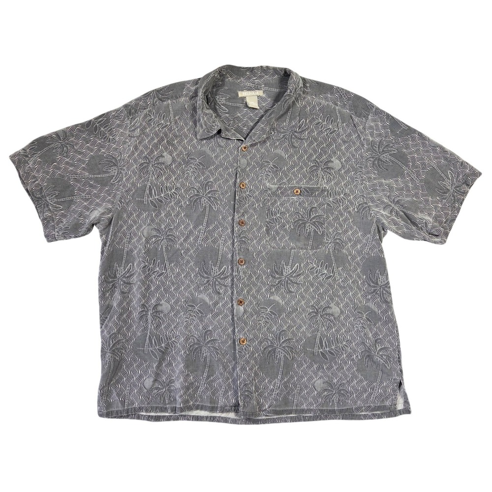 Field Gear Mens XXL Gray 100% Silk Palm Tree Print Short Sleeve Button Up Shirt